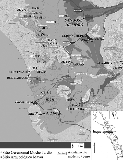 Mapa del valle Jequetepeque ilustrando la ubicación de huaca Colorada y los asentamientos rurales con arquitectura ceremonial