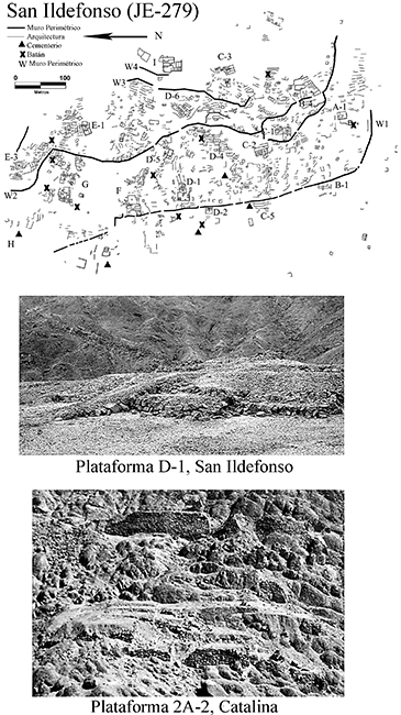 Plano del asentamiento de San Ildefonso, ilustrando la ubicación de cuatro masivos muros perimétricos y múltiples estructuras aterrazadas con rampa (registro superior) y fotografías de plataformas para festines del Jequetepeque rural (registro inferior)