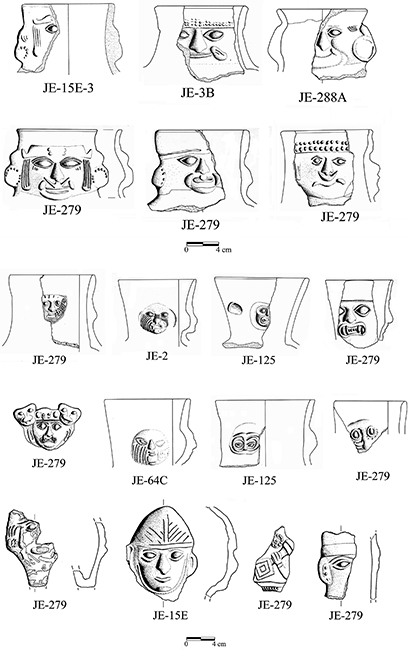 Vasijas de chicha de elites masculinas, figurillas y instrumentos musicales (fila inferior) recogidos en los sitios ceremoniales del territorio de Jequetepeque