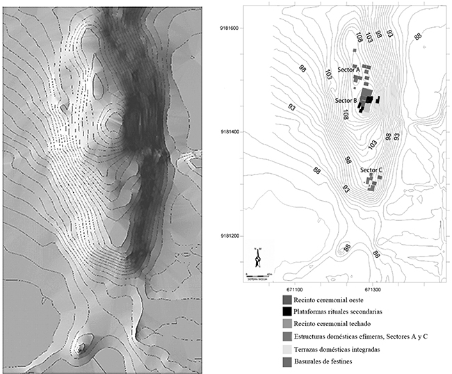 Plano tridimensional de Huaca Colorada y mapa ilustrando la ubicación de las unidades de excavación abiertas durante la temporada 2010