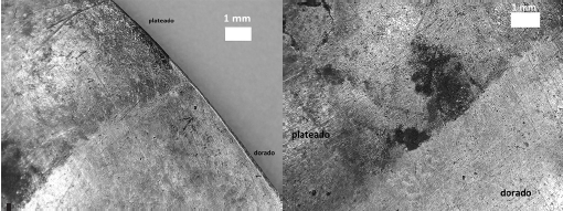 Regi&oacute;n de uni&oacute;n de la parte blanca y dorada de la nariguera MOP 519, cuya morfolog&iacute;a evoca la uni&oacute;n por martillado (hammered-welded, Schorsch, 2014)