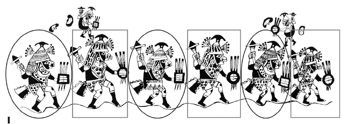 Escena de guerreros que portan diferentes narigueras (semilunares, ovaladas o rectangulares); adem&aacute;s algunas tienen colgantes circulares, Moche IV