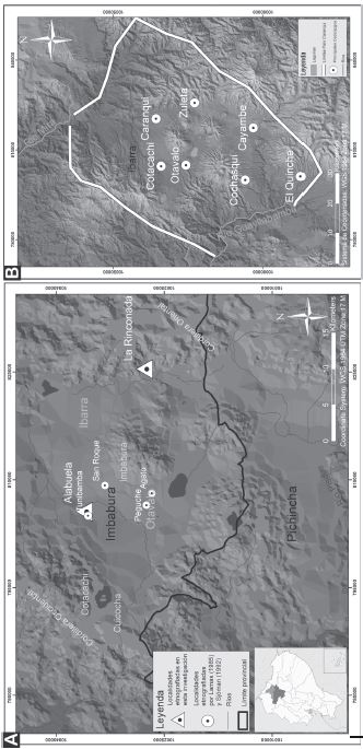 A: Mapa de ubicaci�n del �rea de estudio; B: Mapa de ubicaci�n de los principales cacicazgos del pa�s Caranqui