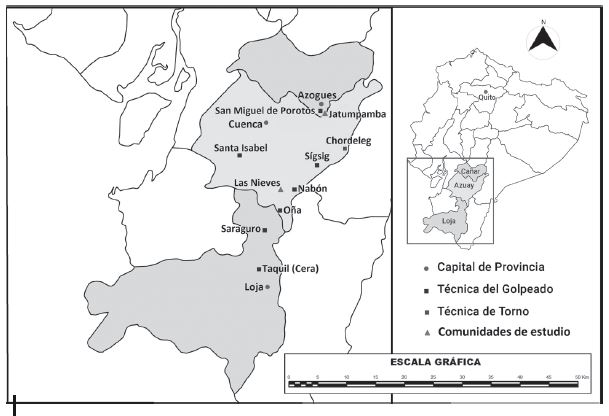 Ubicaci�n de Jatumpamba y Las Nieves dentro del territorio que reporta la t�cnica del golpeado