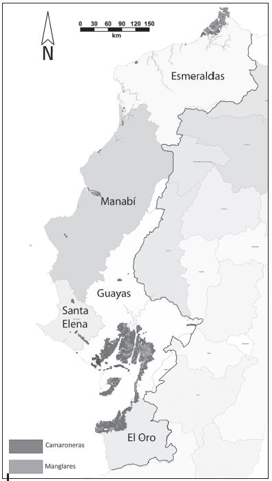 reas de manglar y de camaroneras a lo largo de la costa ecuatoriana en 2007
