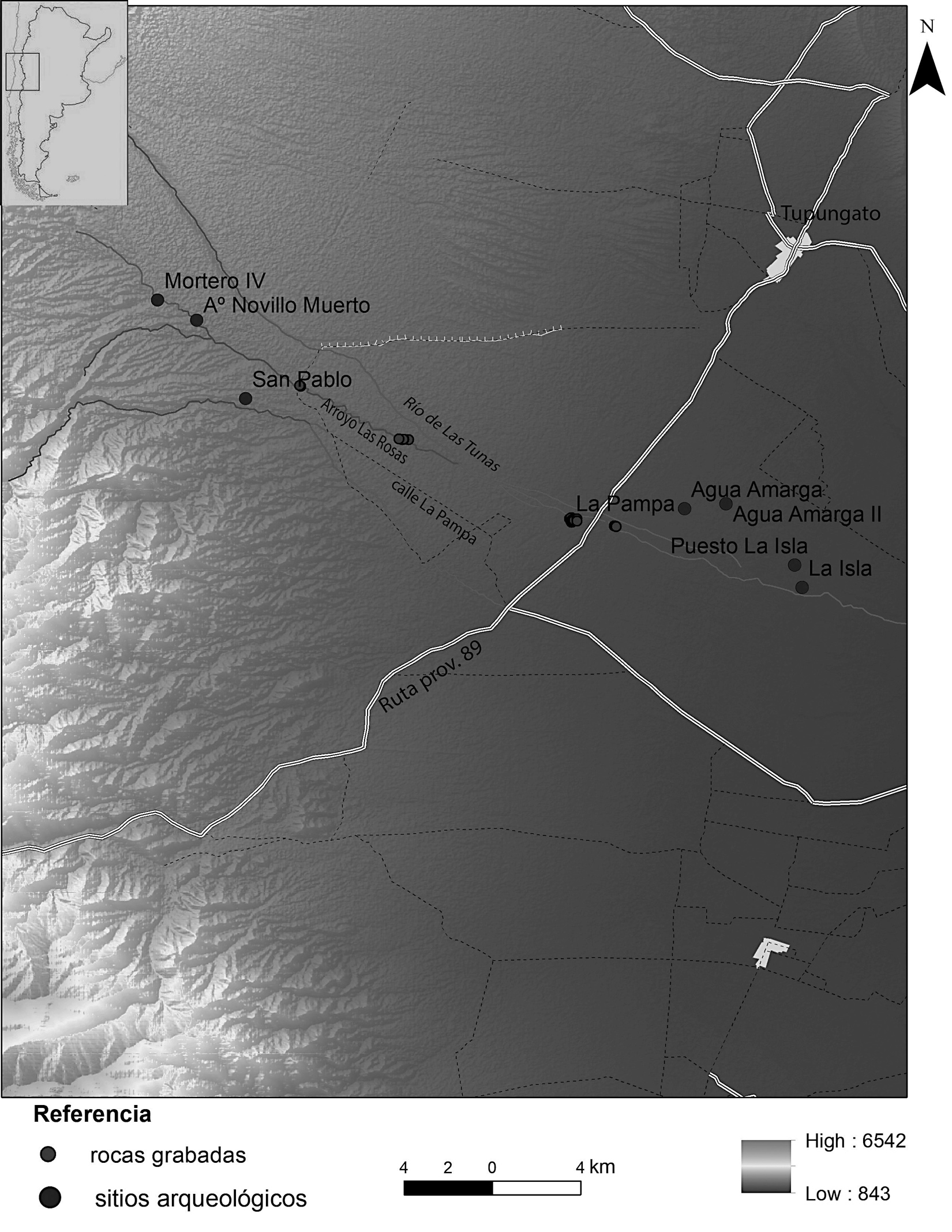 Localizacin del rea de estudio. Rocas grabadas y sitios arqueolgicos. ArcGis 10.3