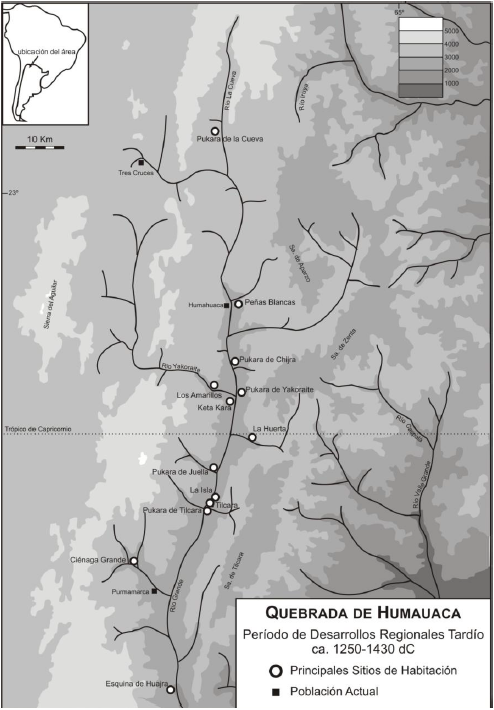 Mapa de la Quebrada de Humahuaca con los sitios mencionados en el texto.