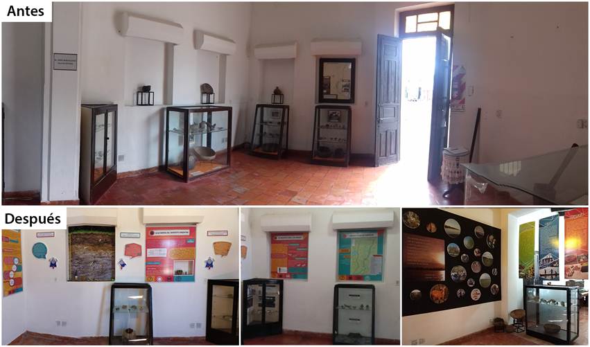 Vistas de la sala de arqueología del Museo Municipal José Manuel Maciel Coronda Santa Fe antes arriba y después abajo del desarrollo del proyecto Sorteando los avatares del tiempo al rescate del patrimonio