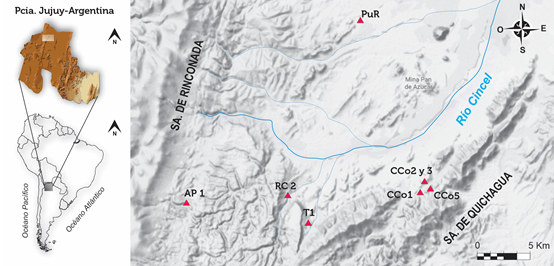 Mapa[6] de ubicaci�n de los sitios arqueol�gicos Abra Pintada 1 (AP1), R�o Candado 2 (RC2), Tabladitas 1 (T1), Casa Colorada 1, 2, 3 y 5 (CCo1, 2, 3 y 5 respectivamente), y Pukara de Rinconada (PuR) (Fuente: elaboraci�n propia).