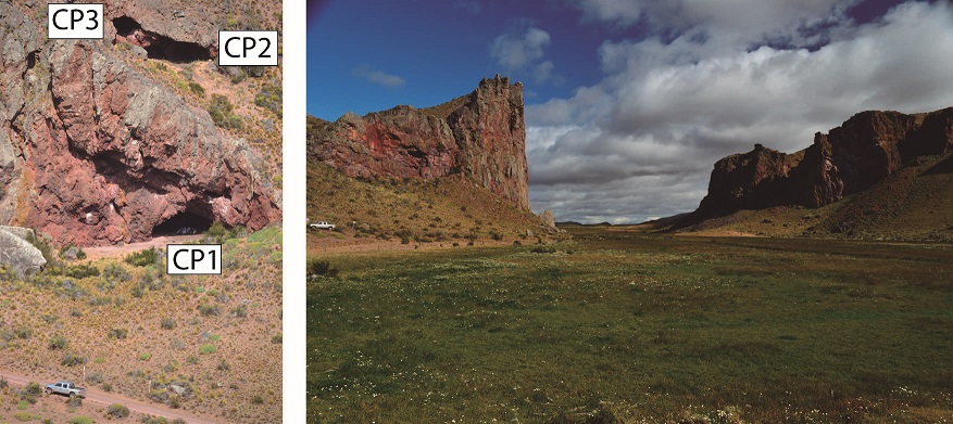 A la izquierda, vista general del sitio Casa de Piedra de Rosell: la cueva principal (CP1) y sus dos abrigos adyacentes (CP2 y CP3). A la derecha, vista del caadn en donde se ubica el sitio y por el que discurre el arroyo irihuao.