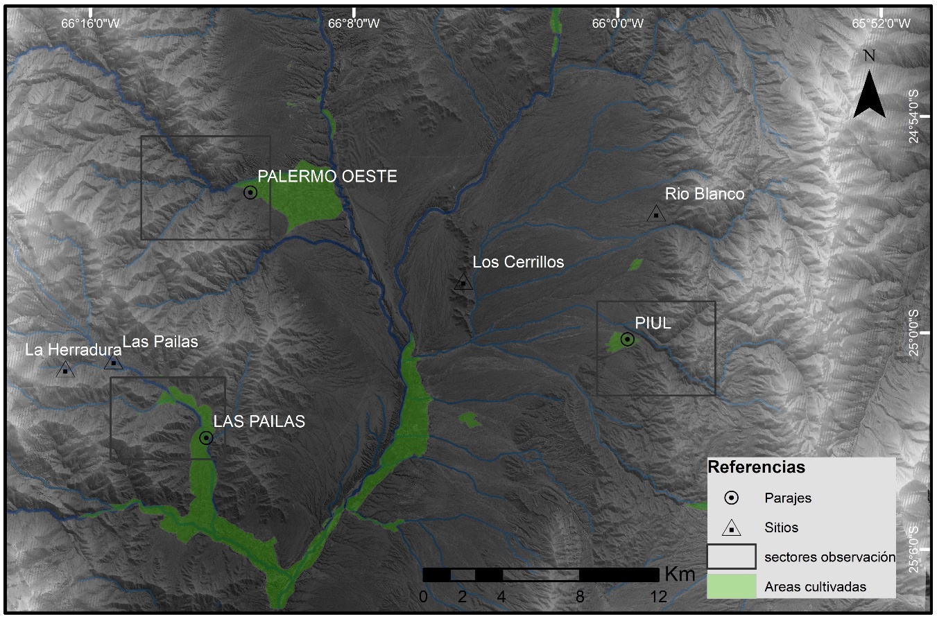 Detalle del sector norte del Valle Calchaquí, indicando los lugares donde se realizaron las observaciones etnográficas y los sitios arqueológicos con evidencias de agricultura y pastoreo.