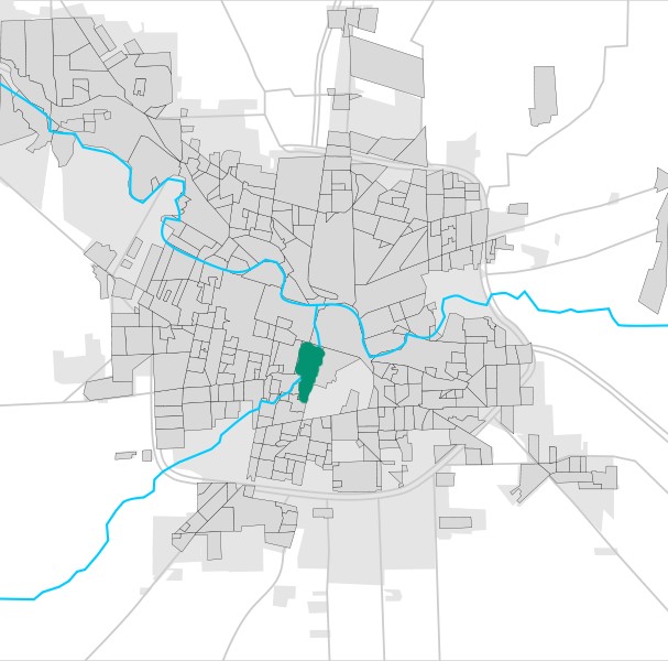 Plano de la ciudad de Crdoba con barrio Gemes sealizado en verde