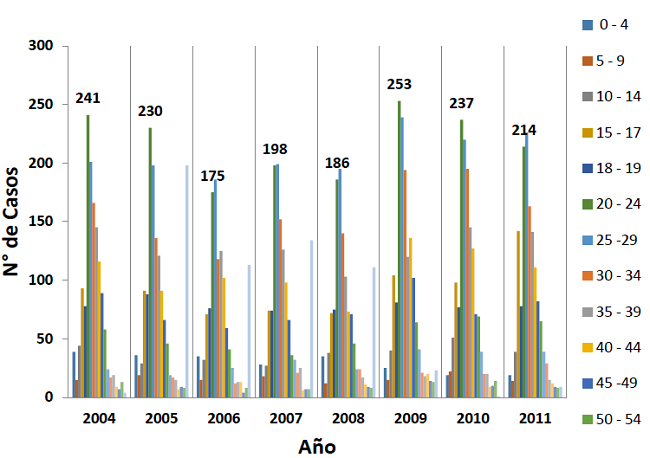 N&uacute;mero homicidios a mujeres periodo 2004-2011.