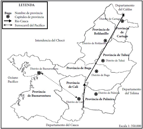 Divisi&oacute;n pol&iacute;tica del Departamento del Valle del Cauca entre 1908-1920. 
