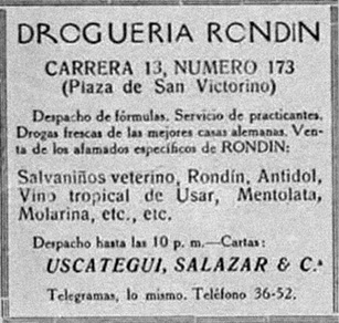 Publicidad de la farmacia que Rondín
había abierto en Bogotá (1925).
