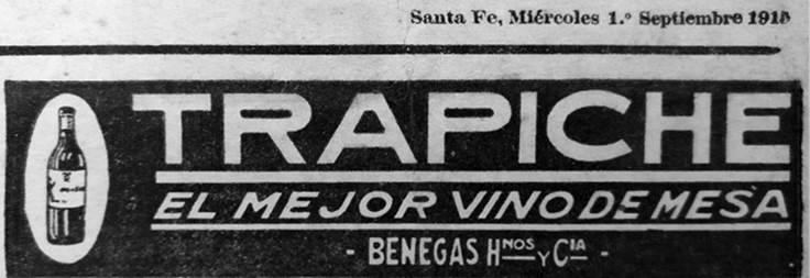 Vino Trapiche, anuncio en la primera plana del diario Nueva Época.