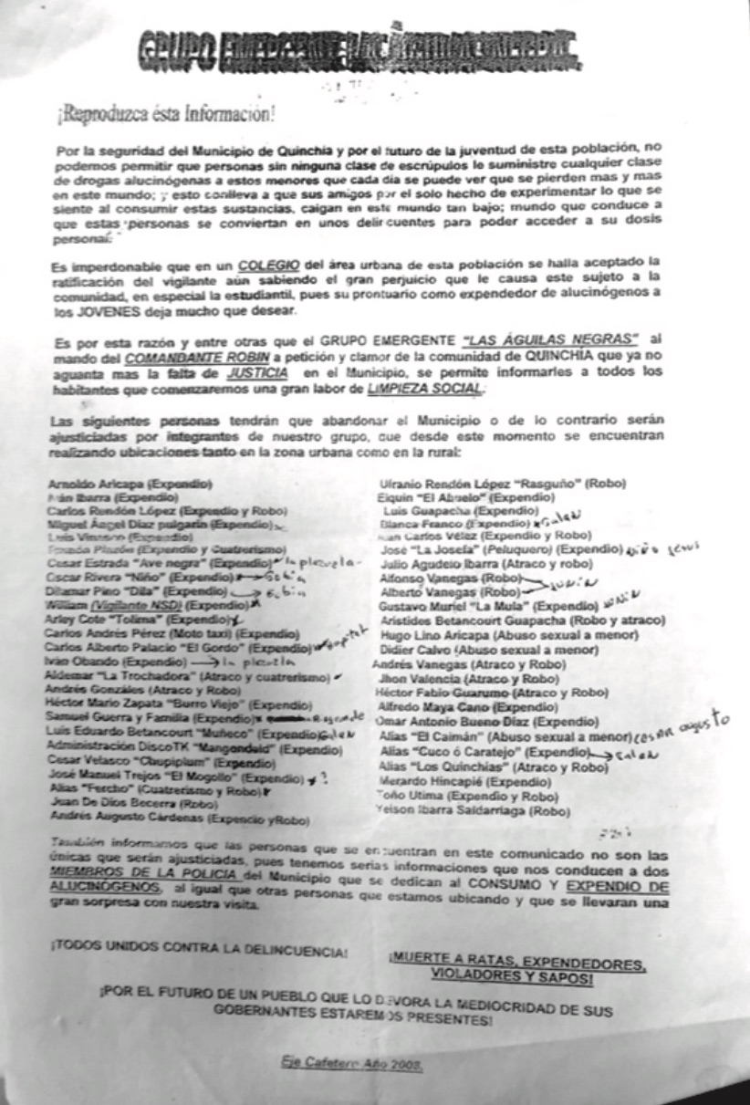 Panfleto amenazante del autodenominado Grupo Emergente Las Águilas Negras en Quinchía (2008).