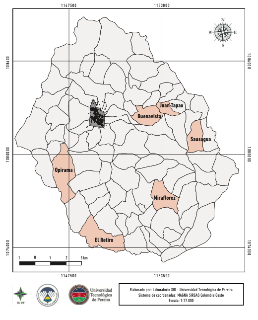 Veredas de Quinchía más afectadas por el conflicto, 2002-2004.