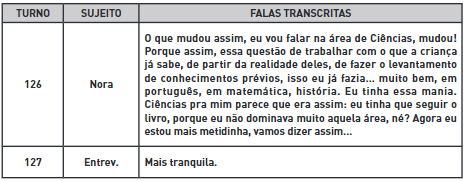Trecho da entrevista evidenciando a constru&ccedil;&atilde;o do conhecimento pela professora