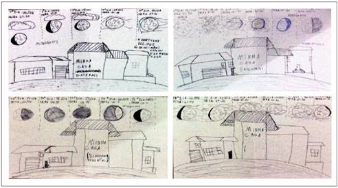 Fases e posi&ccedil;&otilde;es da Lua registradas no papel com desenhos e com refer&ecirc;ncia ao horizonte.