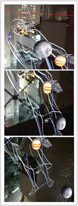 Posi&ccedil;&otilde;es da Lua observadas em tr&ecirc;s dias diferentes pela janela do quarto de um aluno. &Eacute; poss&iacute;vel notar o movimento do astro em rela&ccedil;&atilde;o &agrave; constela&ccedil;&atilde;o de Virgem.