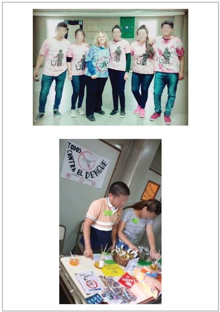 Arriba: Remeras elaboradas por el estudiantado para identificarse como el &lsquo;escuadr&oacute;n anti-Aedes&rsquo; y as&iacute; concientizar en barrios cercanos a la escuela. Abajo: Participaci&oacute;n en la feria de ciencias y charla informativa sobre dengue, mostrando fanzines, repelentes, pancartas, folletos, etc
