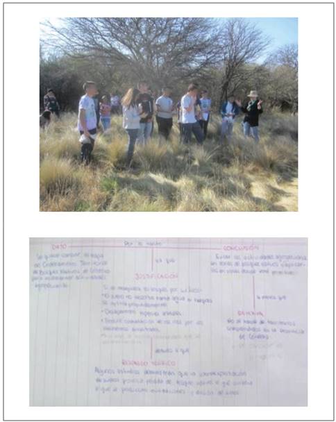 Arriba: Salida de campo para el reconocimiento de especies nativas en el Jard&iacute;n Bot&aacute;nico Gaspar Xuares, ciudad de C&oacute;rdoba. Abajo: Elaboraci&oacute;n de argumentos seg&uacute;n el modelo de Toulmin sobre problem&aacute;ticas socioambientales de la Provincia de C&oacute;rdoba