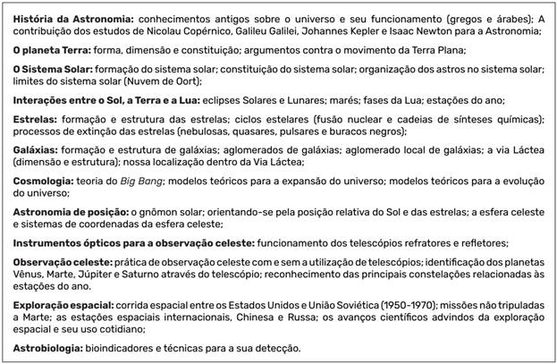 Poss&iacute;vel lista de conte&uacute;dos para uma disciplina de Introdu&ccedil;&atilde;o &agrave; Astronomia