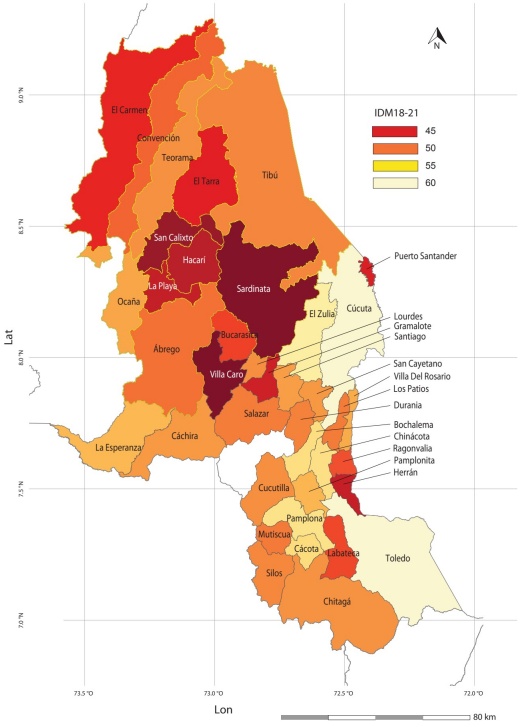 Comparaci�n del �ndice de desempe�o municipal (IDM) promedio, 2018-2021