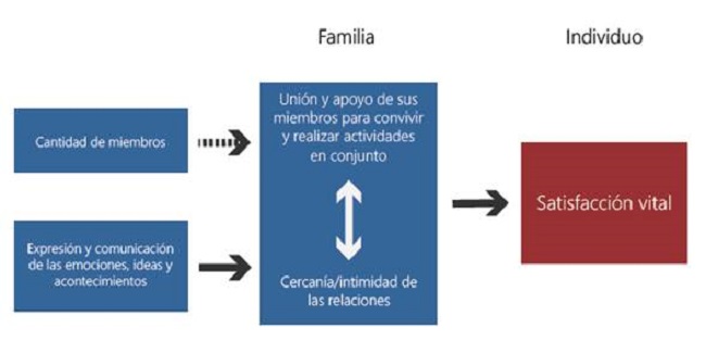 Modelo construido para explicar el rol de las caracter&iacute;sticas de la red de apoyo familiar y las relaciones intrafamiliares como predictoras de la satisfacci&oacute;n vital.