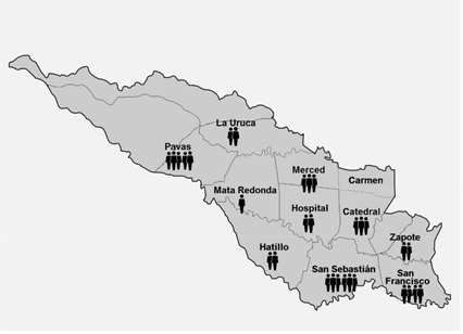 Localizaci&oacute;n de las personas por distrito en el cant&oacute;n de San Jos&eacute;