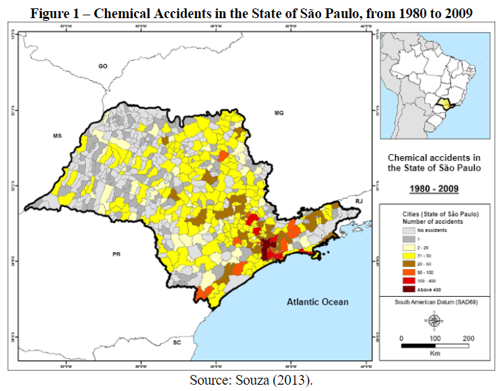 shows  that  the  occurrence  of    chemical    accidents    followed    the    geographic   distribution   of   the   chemical   industry in the state of So Paulo SOUZA 2013  The  state  of  So  Paulo  from  1980 to  2009  presented  the  highest  chemical  industrial        concentration        in        the        Metropolitan  Region  of  So  Paulo  and  in  the  Administrative  Regions  of  Campinas  So    Jos    dos    Campos    Santos    and    Sorocaba  showing  a  relationship  between  the   concentration   of   chemical   industrial production and the occurrence of chemical accidents SOUZA 2013