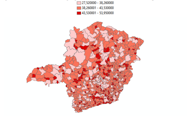 Distribution of aging rates in Minas Gerais municipalities in 2016