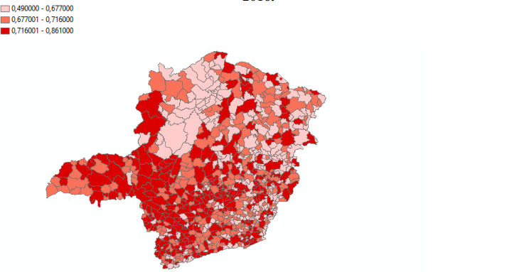 Distribution of social vulnerability rates in Minas Gerais municipalities in 2016