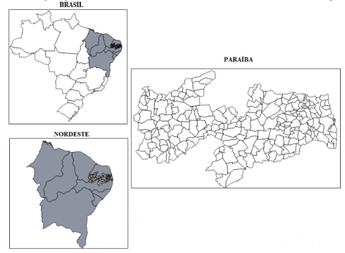 Localiza��o geogr�fica do estado da Para�ba no Brasil e na Regi�o Nordeste