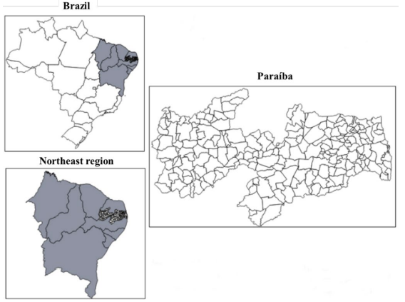 Geographic location of the state of Paraíba in Brazil and in the Northeast Region
