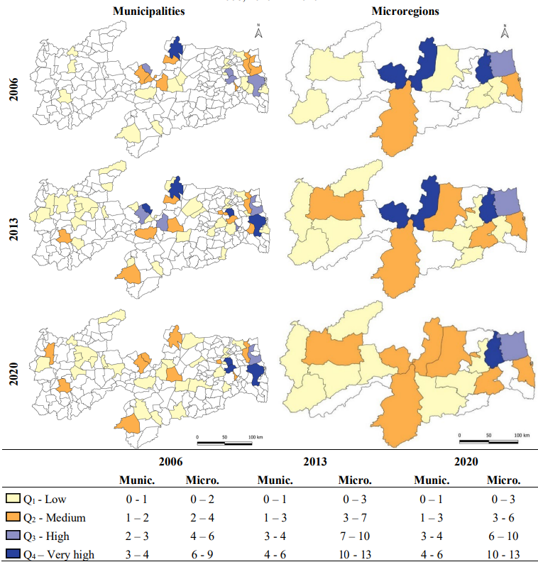 Quartiles of red ceramic companies for the municipalities and microregions of the state of Paraíba for 2006 2010 and 2020