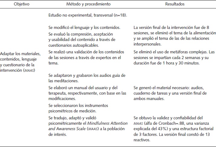Fase 1 del estudio correspondiente a la adaptaci&oacute;n de
la intervenci&oacute;n