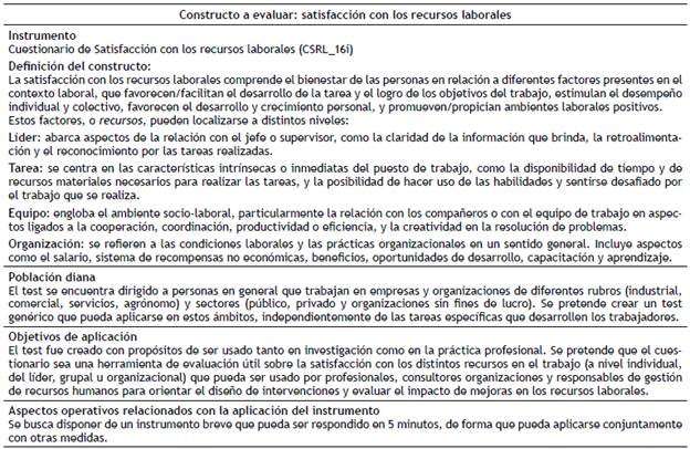 Tabla de especificaciones del instrumento