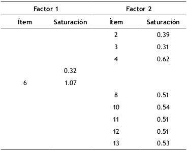 Cargas factoriales para el modelo de dos factores