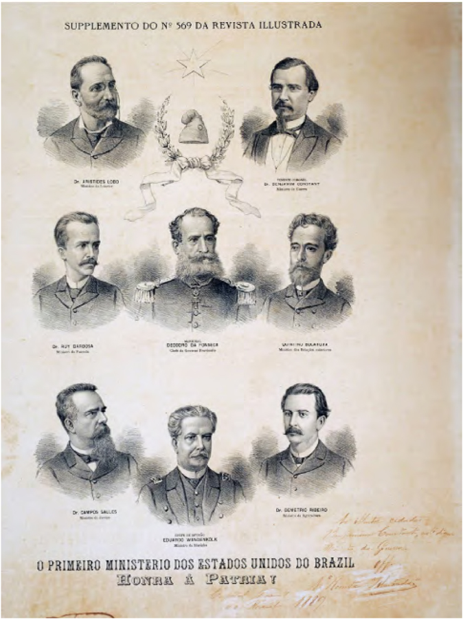 REVISTA ILLUSTRADA. O primeiro minist&eacute;rio dos Estados Unidos do Brazil. 23 de novembro de 1889. Impress&atilde;o sobre papel, 64&times;50cm, Rio de Janeiro. FBC. REG.911. Museu Casa Benjamin Constant, Ibram/MinC.