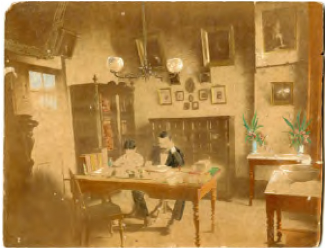 VILLARES, D&eacute;cio. Benjamin Constant e filha no seu gabinete. Circa 1889. Albumina, fotopintura, 26&times;20,2cm, Rio de Janeiro. FBC. F.021. Museu Casa de Benjamin Constant, IBRAM, MinC.