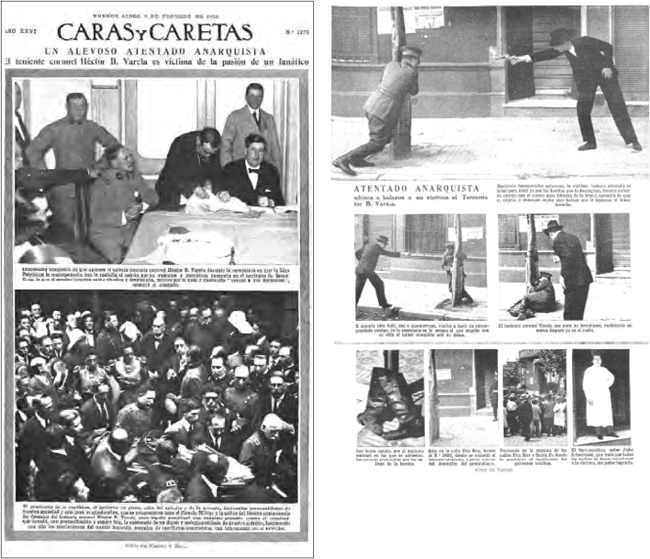 Reconstrucci&oacute;n fotogr&aacute;fica y fotograf&iacute;as documentales del atentado realizado por el militante anarquista Kurt Wilckens al teniente Varela. Caras y Caretas, n. 1270, 3 de febrero de 1923, p. 51, 53.