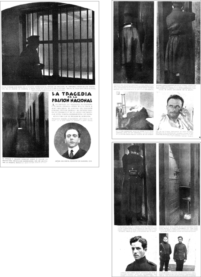 Reconstrucci&oacute;n fotogr&aacute;fica y fotograf&iacute;as documentales del atentado contra Kurt Wilckens, asesinado en la c&aacute;rcel en la que se encontraba detenido. Caras y Caretas, n. 1290, 23 de junio de 1923, p. 55, 56 y 57.