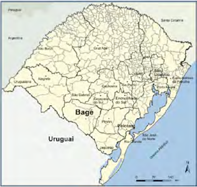 Limites aproximados do munic&iacute;pio de Bag&eacute;, c.1850 (Mapa adaptado de: Atlas Socioecon&ocirc;mico do Rio Grande do Sul)5