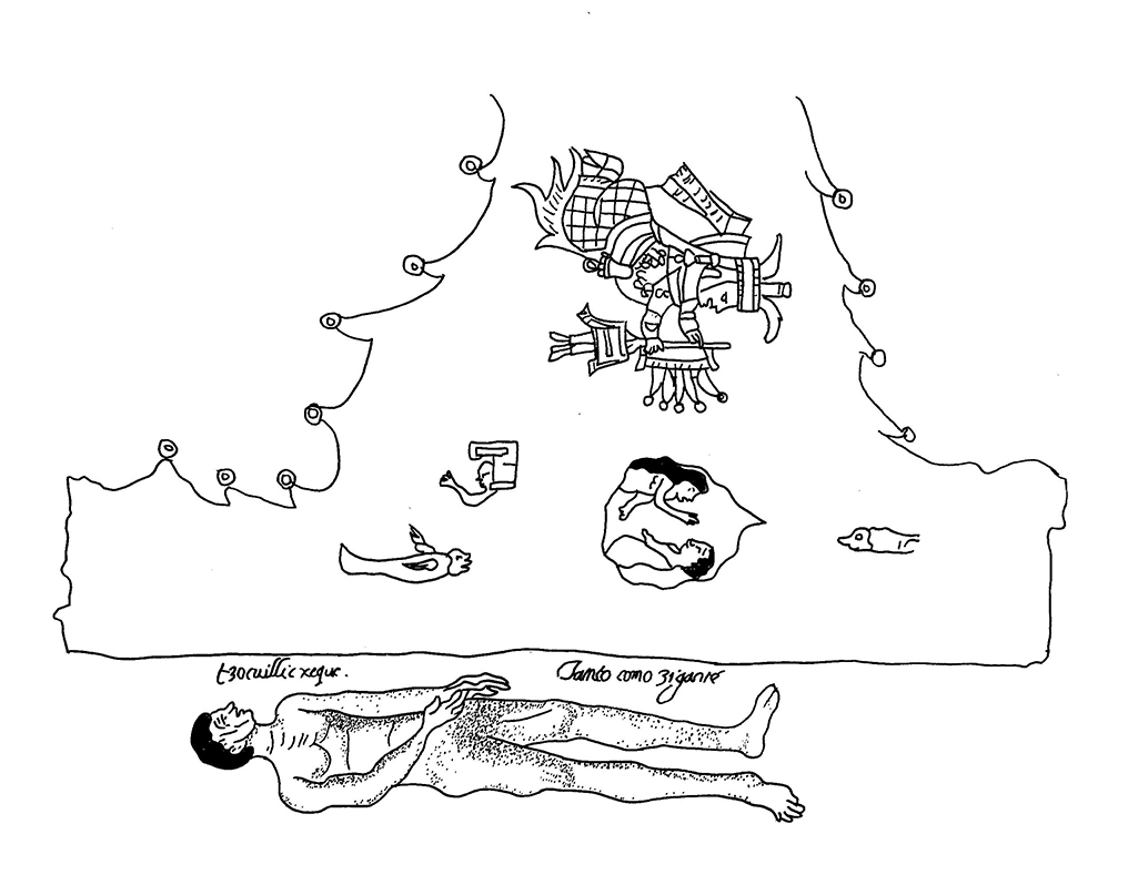 Un gigante aparece recostado debajo de la representaci&oacute;n de la destrucci&oacute;n del Sol de Agua. Se indica su nombre en n&aacute;huatl pluralizado: tzocuillicxeque