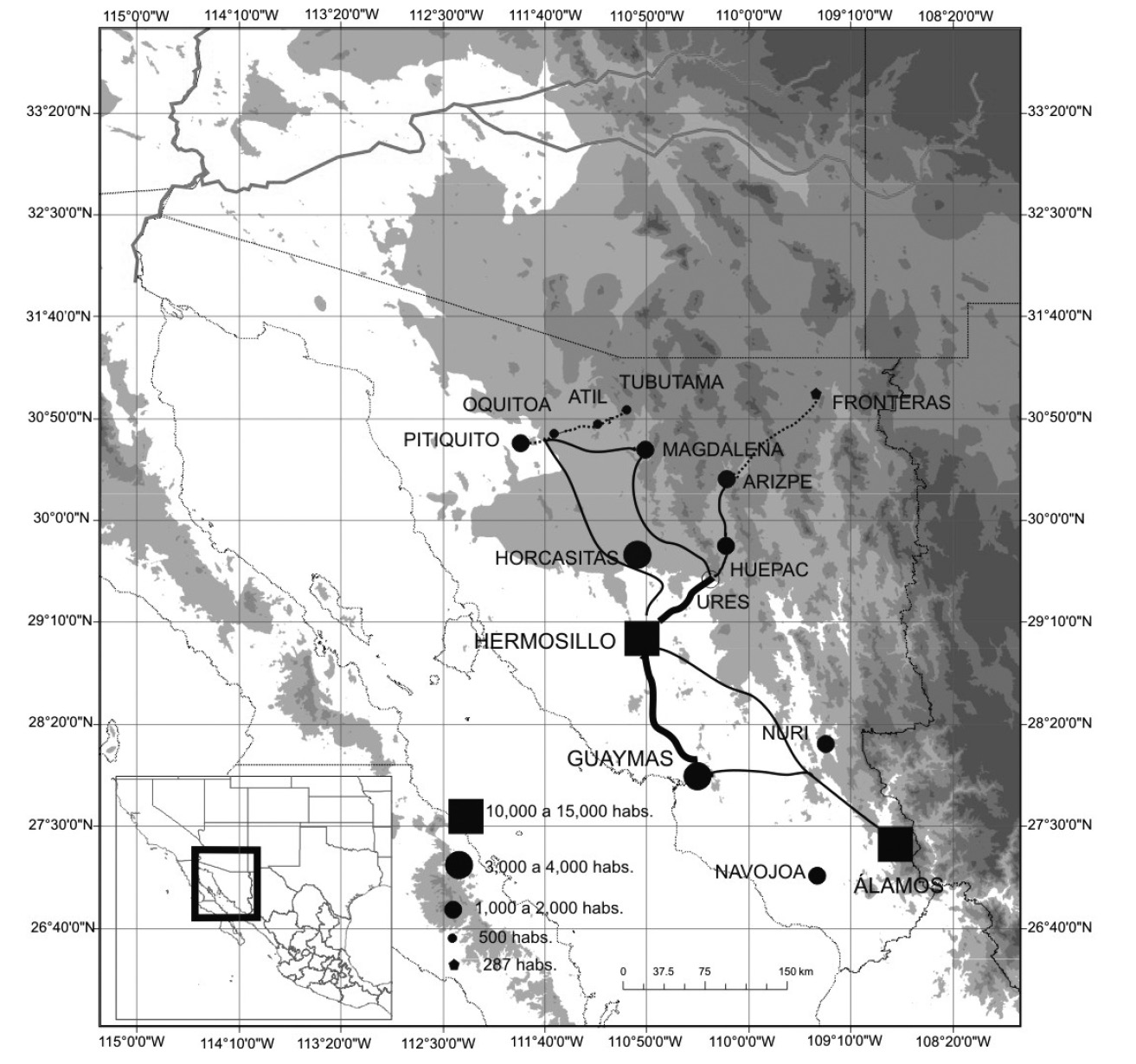Mapa 1. Lugares de Sonora con registros de difuntos por viruela 1869-1871 y v&iacute;as de comunicaci&oacute;n