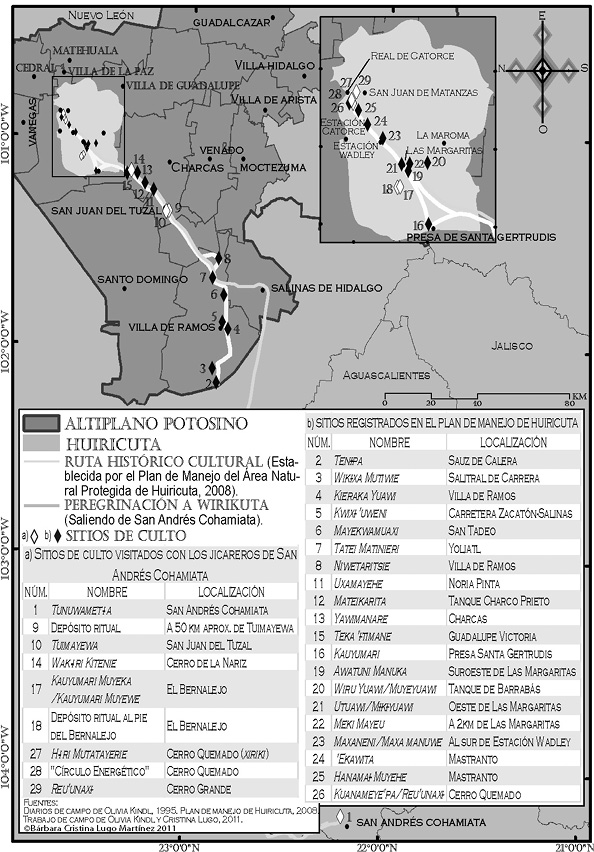 Figura 3. Sitios de culto wixaritari en el altiplano potosino