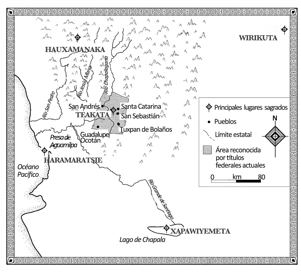El modelo tradicional de kiekari, el territorio ceremonial de 90,000 km2 abarcado por cinco lugares sagrados cardinales