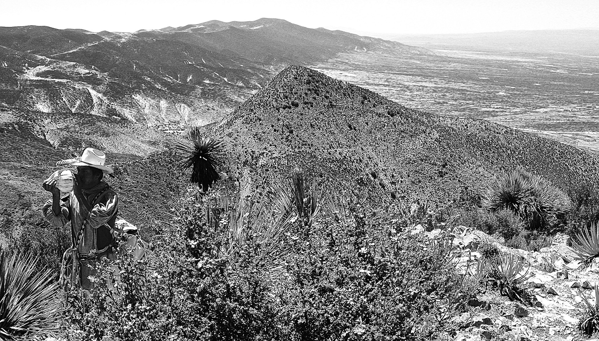 Peregrino de tukipa pide lluvia con concha, Paritekɨa (Cerro Quemado), Wirikuta, San Luis Potos&iacute;, marzo 2011
